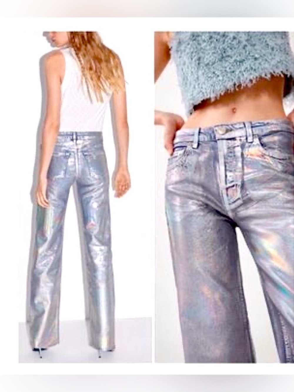 Zara silver foil iridescent jeans